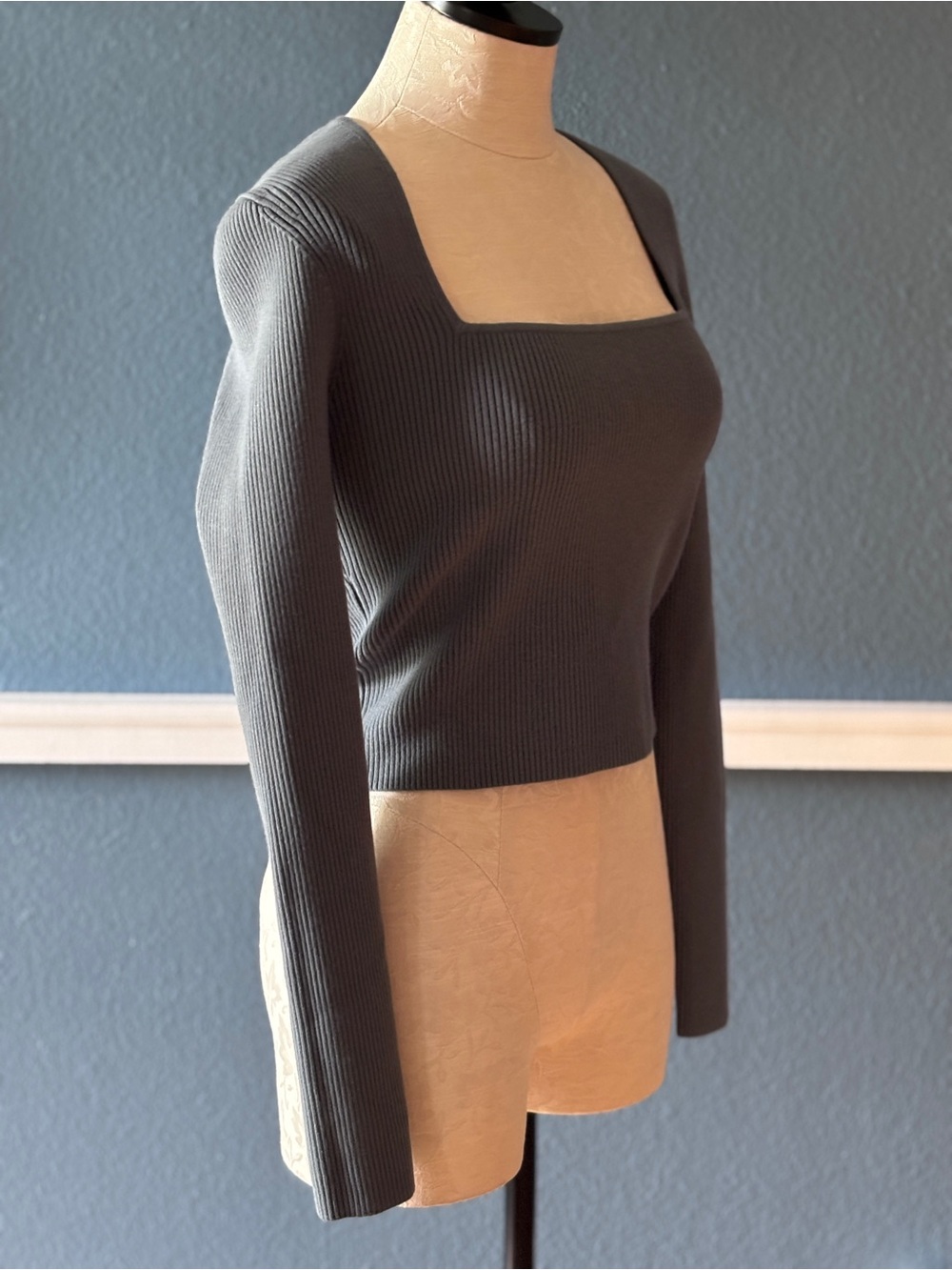 Open Edit Luxe Sculpt Square Neck Long Sleeve Top in Blue Weather NWT - Picture 3 of 6